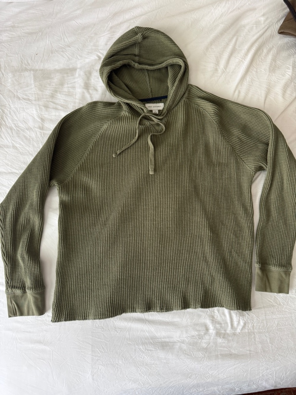 Waffle Knit Hooded Pullover in Olive Green
